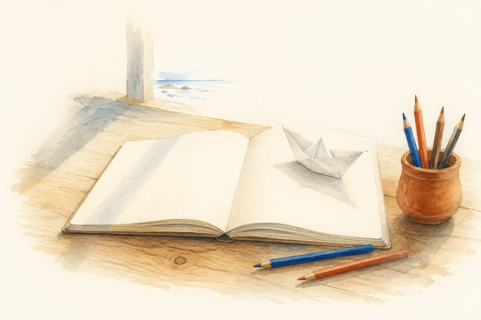 Un carnet ouvert, des crayons et un bateau en papier, illustrés à l’aquarelle.