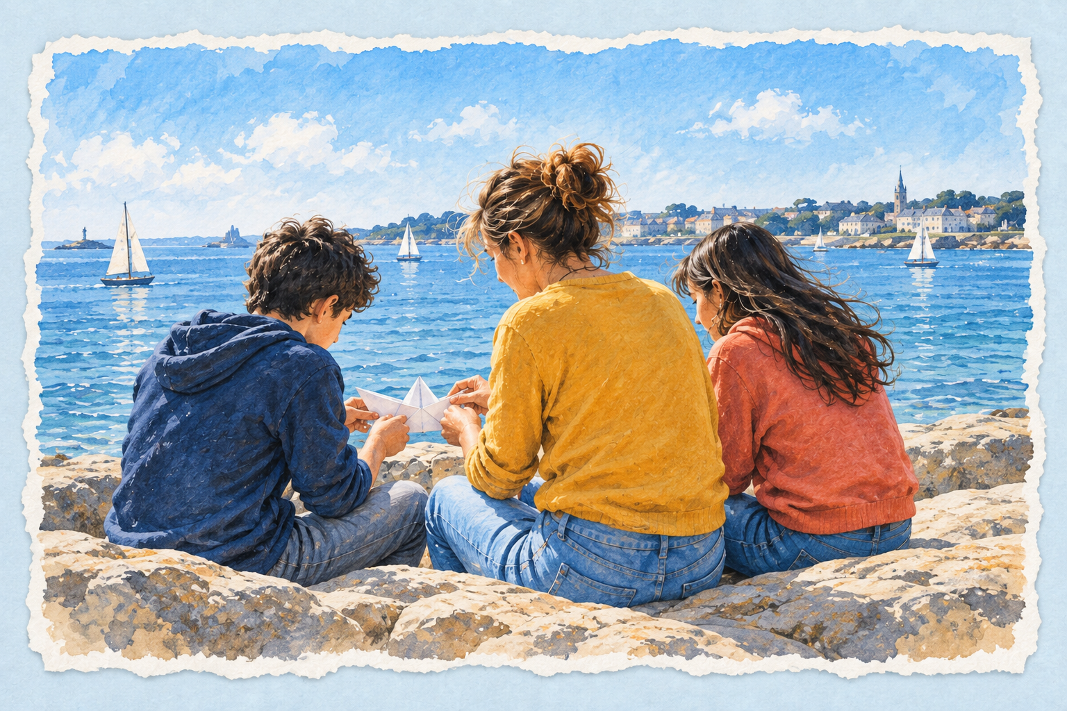 Aquarelle : une adulte et deux jeunes fabriquent un bateau en papier au bord de la mer.