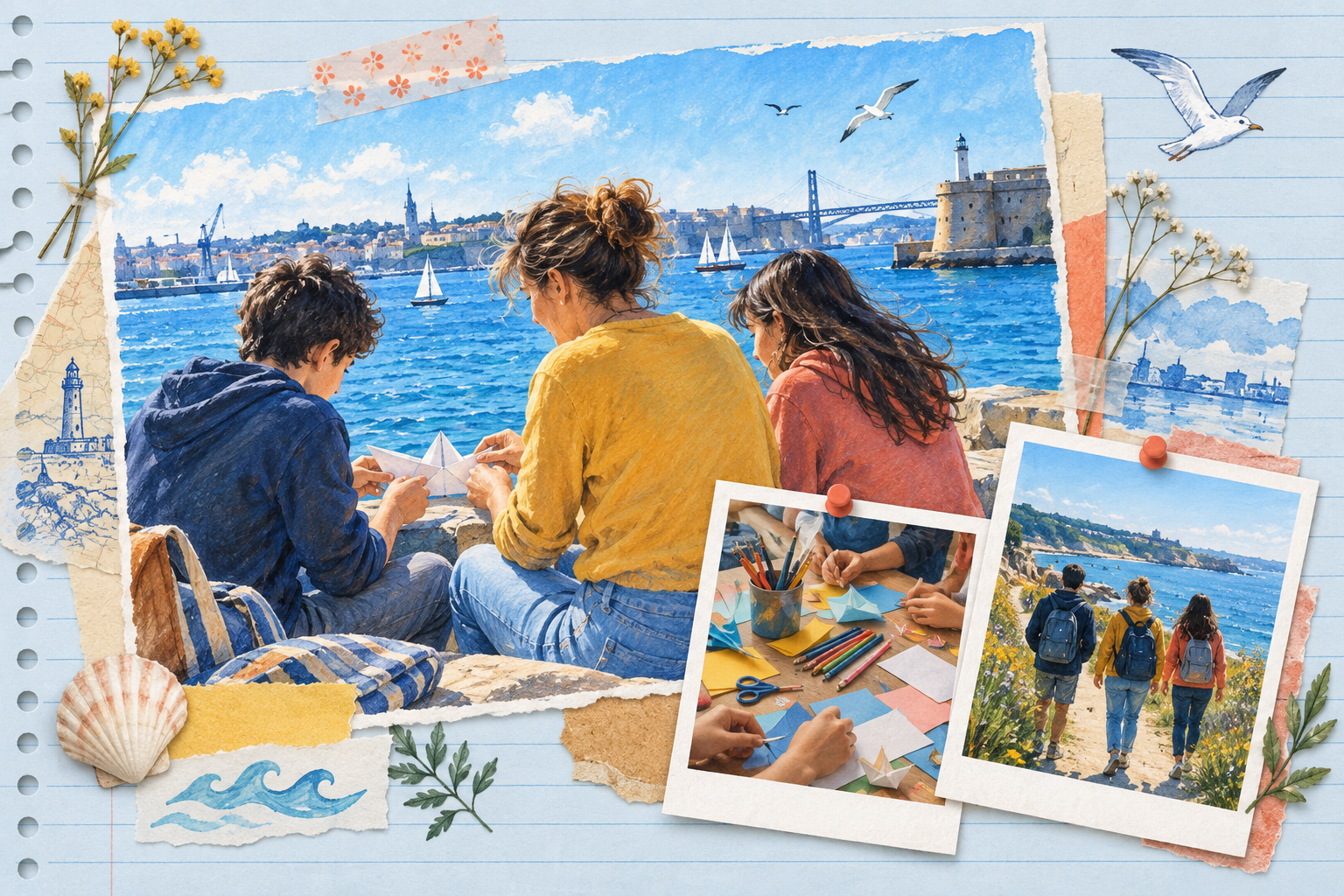 Scènes illustrées de moments partagés, de création et de promenade.